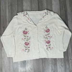 VINT Cottagecore Coquette Floral Embroidered White Cardigan Sweater Plus Size